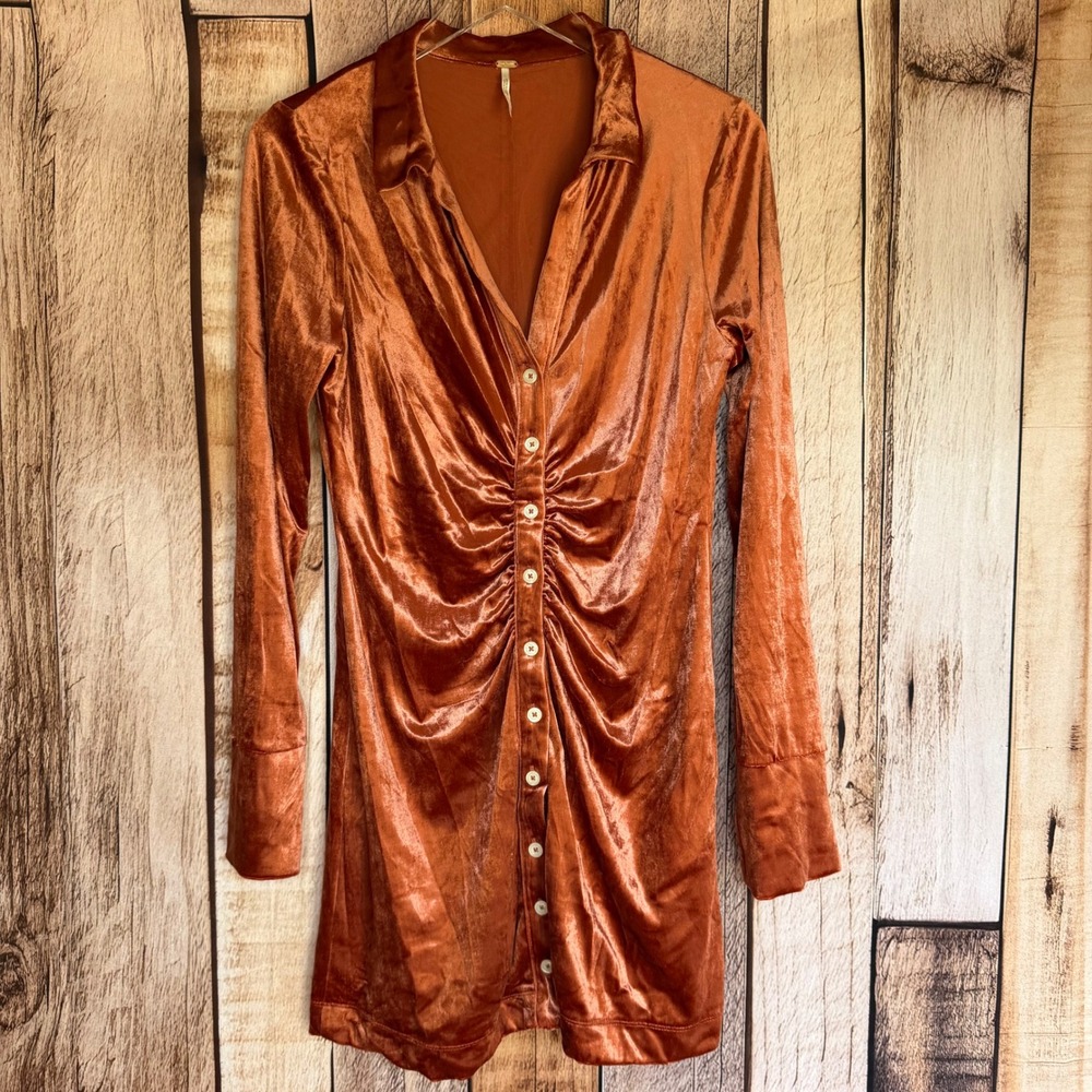 Free People Shayla Velvet Dress Terracotta Ruched Button Front Mini Size Medium